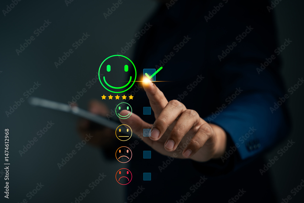 Canvas Prints customer using tablet give five star rating, submit satisfaction survey through online application. 