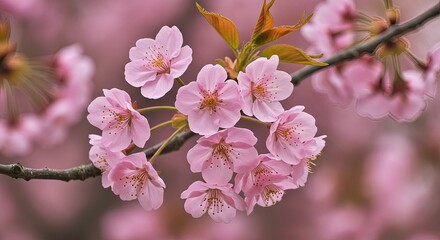 Obraz premium Close-up view of delicate pink cherry blossoms in spring.