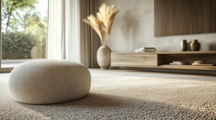 Neutral palette living room with pouf and soft carpet