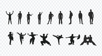 Vector silhouettes of people in sport, dance, and yoga illustrate the evolution of jumping action
