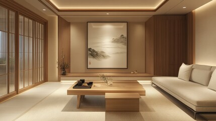 Fototapeta premium Japandi Living Space with Beige Tones and Minimal Decor