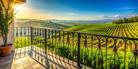 Fototapeta premium Sun-Drenched Balcony Overlooking Vineyard Rows - Stunning Tuscan Landscape