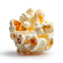 Closeup shot of crunchy popcorn on white background, single popped corn kernel on white, Single popcorn close-up on clean background, Popcorn isolated on white, Single popcorn snack isolated on white
