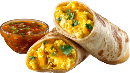 Breakfast burrito with egg and cheese served with salsa in bowl