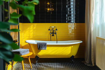 Stylish interior of bathroom with black and yellow colors
