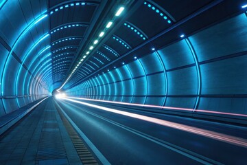 Futuristic Tunnel with Blue Lights and Bright End Perspective