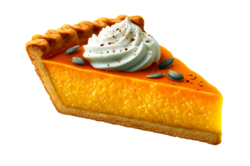 Delicious pumpkin pie slice with whipped cream and seeds