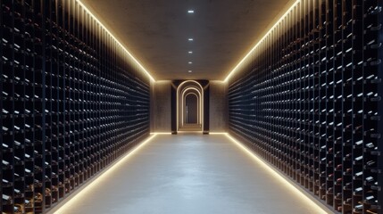 Obraz premium Rows of wine bottles perfectly aligned in a climate-controlled modern wine cellar, showcasing a collector's pride