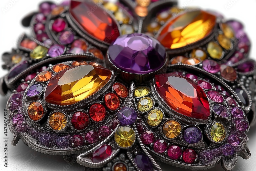 Poster colorful vintage brooch displaying intricate floral design and a dazzling array of gemstones under s