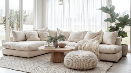 Bright living room with large windows, sheer curtains, and potted plants