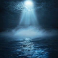 Naklejka premium Night Ocean with Light Beam From Cloud