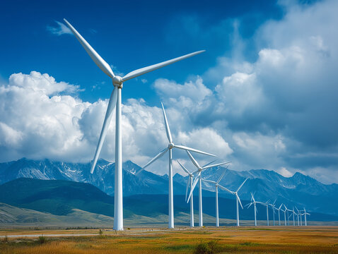  turbinas e&oacute;licas gerando energia a partir do vento, simbolizando a produ&ccedil;&atilde;o de energia renov&aacute;vel. Ideal para temas de energia limpa, sustentabilidade e fontes alternativas de energia