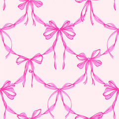 Pink Ribbon Bow Garland Seamless Pattern. Coquette, Vintage and feminine design with hand-drawn garland of pink bows. Rococo aesthetics for romantic background. Fabric prints, gift wrap