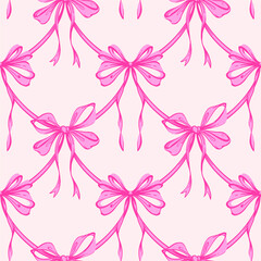 Pink Ribbon Bow Garland Seamless Pattern. Coquette, Vintage and feminine design with hand-drawn garland of pink bows. Rococo aesthetics for romantic background. Fabric prints, gift wrap