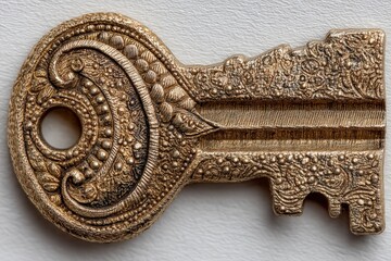 Obraz premium Intricate golden decorative key showcasing detailed craftsmanship and unique design