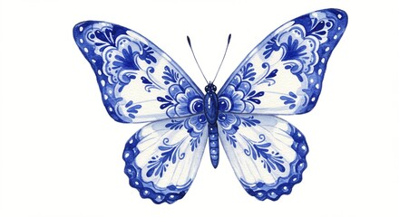 Elegant butterfly illustration with intricate blue floral patterns on its wings, set against a clean white background.