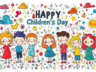 Fototapeta premium Happy Children's Day Card Vector Illustration: Doodle Style with Colorful Cartoon Drawings, Playful Kids, Flowers, Clouds, and Text on White Background. Whimsical Design for Festive Greetings