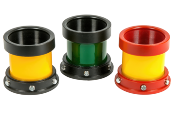 Three colored cylindrical components with black end caps and fasteners