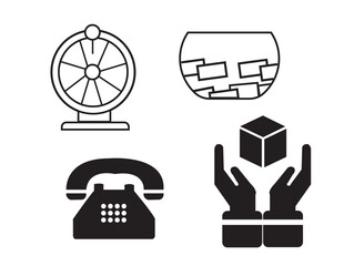  lack and White Icon Set: Vintage Phone, Raffle Drum, Donation Hands & Suggestion Box