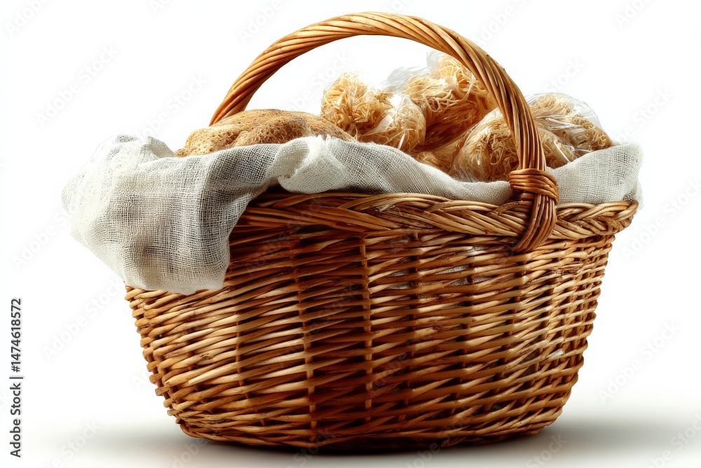 Poster woven basket filled with various types of bread and baked goods displayed on a neutral background