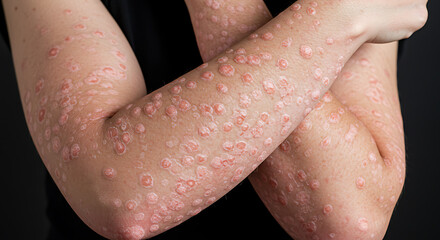 Close-up of Skin with Psoriasis Patches, Medical Photo showing symptoms suitable for medical articles, health content, and awareness campaigns