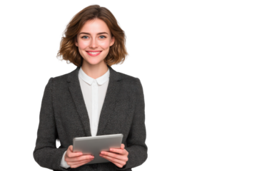 Confident Businesswoman Holding Tablet – Isolated PNG