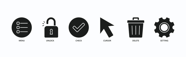 Essential Ui Icon Set Isolated Vector Illustration Concept With Icon Of Menu, Unlock, Check, Cursor, Delete, Setting In Glyph Style