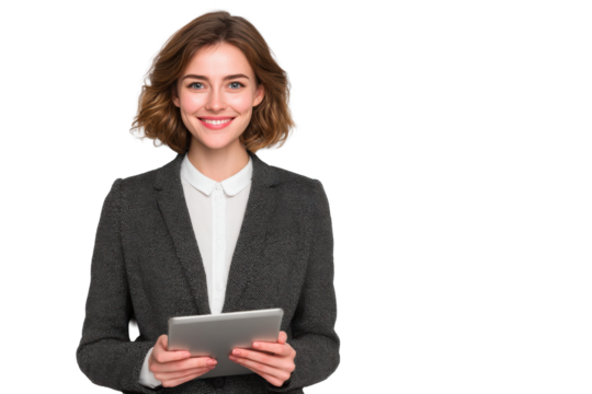 Confident Businesswoman Holding Tablet – Isolated PNG