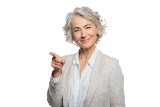 Senior Businesswoman Pointing Finger – Transparent Background