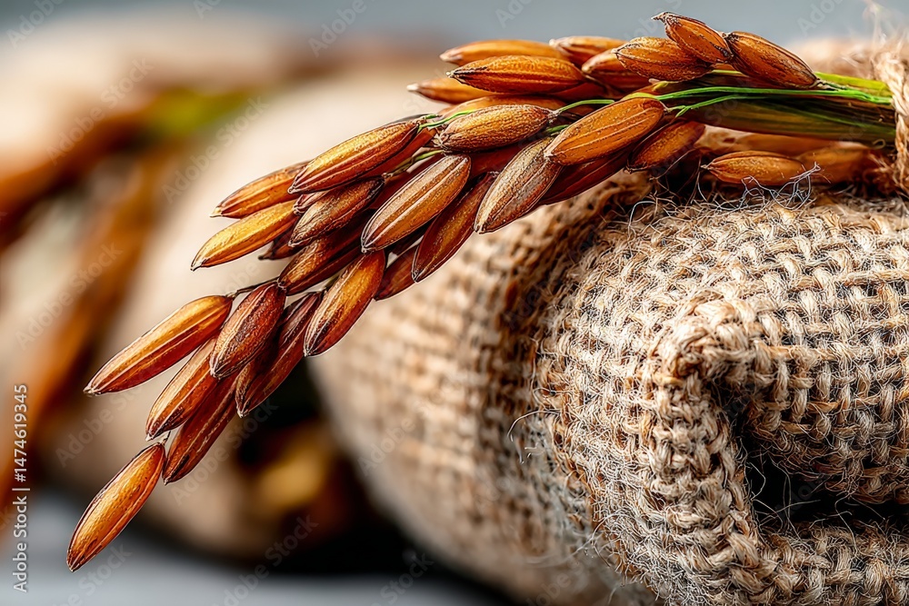 Poster Brown rice grains resting on burlap fabric with rustic texture in a cozy setting
