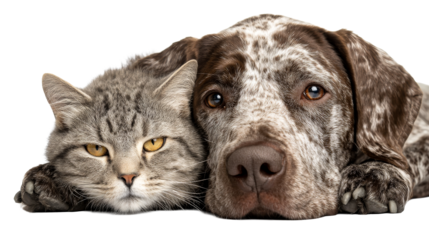 Loving friendship between dog and cat on a transparent background