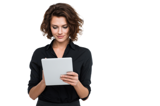 Smiling Businesswoman Standing with Tablet – No Background