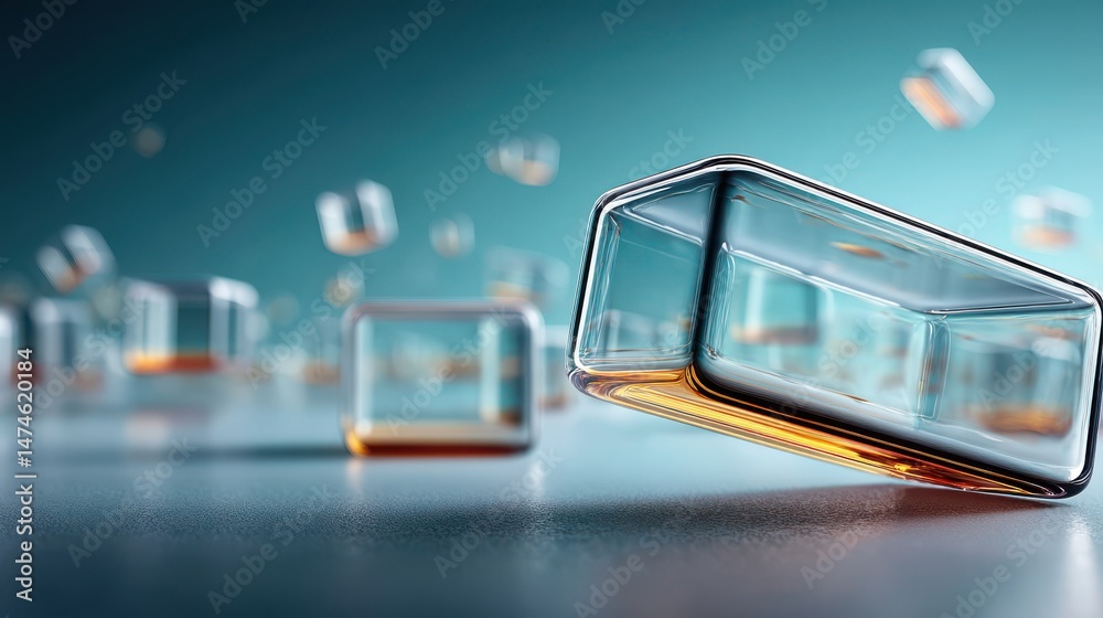 Aufkleber minimal 3d background with glass flying cylinders tubes and transparent square shapes beautiful geometry composition for promotion product design with empty space.stock image