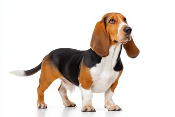 Basset Hound presents its timeless charm, featuring velvety tricolor fur, soulful eyes, and droopy ears. The profile highlights its distinctive long body and short legs, radiating elegance