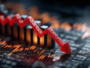 Foto de gráfico com setas para baixo representando perda financeira, retração nos investimentos ou queda de desempenho. Visual ideal para conceitos de alerta econômico e crise