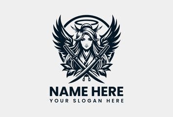 Obraz premium Detailed Winged Samurai Woman Silhouette. Mythical Warrior Motif Vector Logo