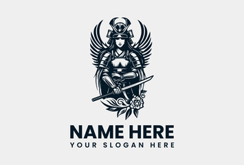 Bold Winged Female Samurai Graphic. Strong Beauty Vector Logo Design