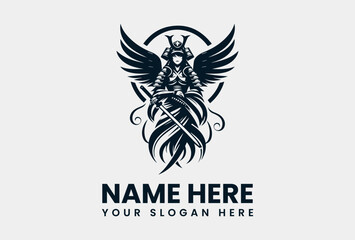 Bold Winged Female Samurai Graphic. Strong Beauty Vector Logo Design