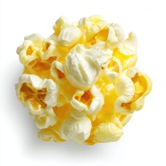 Closeup shot of one cooked single popcorn on white background, Close-up of a single popped popcorn kernel, A close up of a popcorn kernel on white, A white and yellow popcorn kernel, easy to cutout