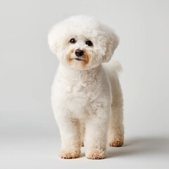 Fototapeta premium A Bichon Frise stands proudly in a show stack pose, its cloud-like white coat highlighted by expert lighting, creating a striking contrast with tiny black eyes and nose