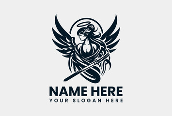 Obraz premium Bold Winged Female Samurai Graphic. Strong Beauty Vector Logo Design