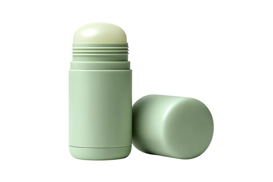 Green deodorant stick on a white isolated background for personal care and hygiene.