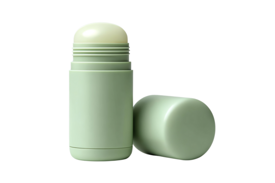 Green deodorant stick on a white isolated background for personal care and hygiene.