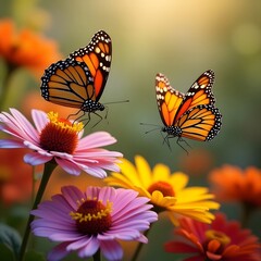 Fototapeta premium Monarch butterflies on colorful blooming flowers in sunlight