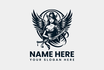 Monochrome Winged Samurai Illustration. Minimalist Warrior Art Vector Logo