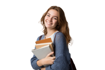 Happy Young Woman Holding Books – Isolated PNG