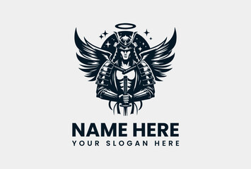 Monochrome Winged Samurai Illustration. Minimalist Warrior Art Vector Logo