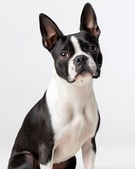 Fototapeta premium This Boston Terrier features striking black and white tuxedo markings, a muscular body, and an intelligent expression, set against a pure white background