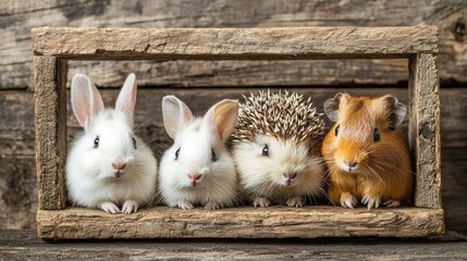 Obraz premium A hedgehog, a bunny, and a guinea pig all squished into a tiny frame.