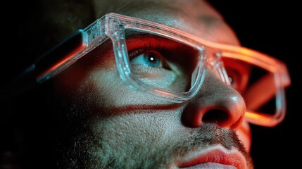 model young man in glasses of virtual reality on dark background augmented reality science future technology concept vr futuristic 3d glasses with virtual projection neon light,stock photo